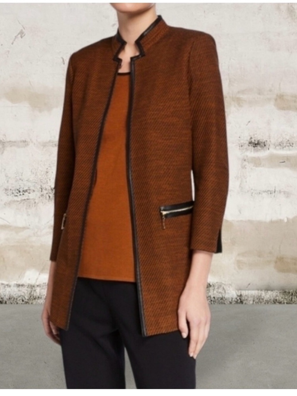 Misook honey brown career textured knit career blazer faux leather trim sz M